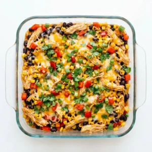 Mouthwatering Chicken Burrito Casserole with fresh ingredients and melted cheese