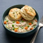 Delicious chicken pot pie with flaky biscuits on top, ready to serve.