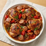 Delicious Chicken Scarpariello with peppers and herbs served on a plate.