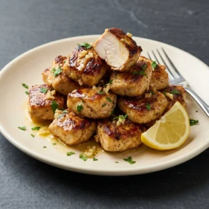 Delicious garlic butter chicken bites on a plate garnished with herbs