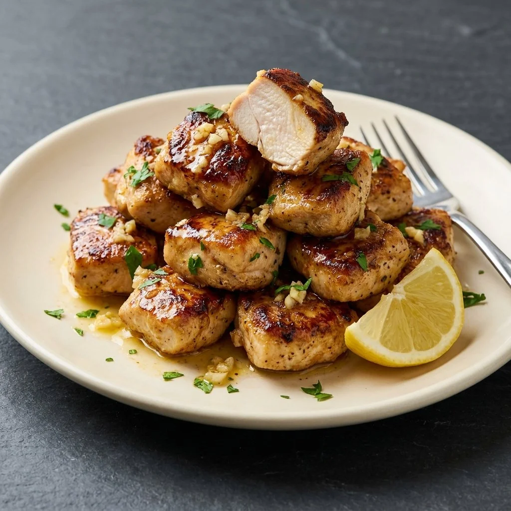 Delicious garlic butter chicken bites on a plate garnished with herbs