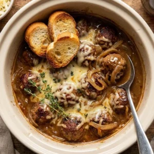 Delicious crock pot French onion beef meatballs served with melted cheese