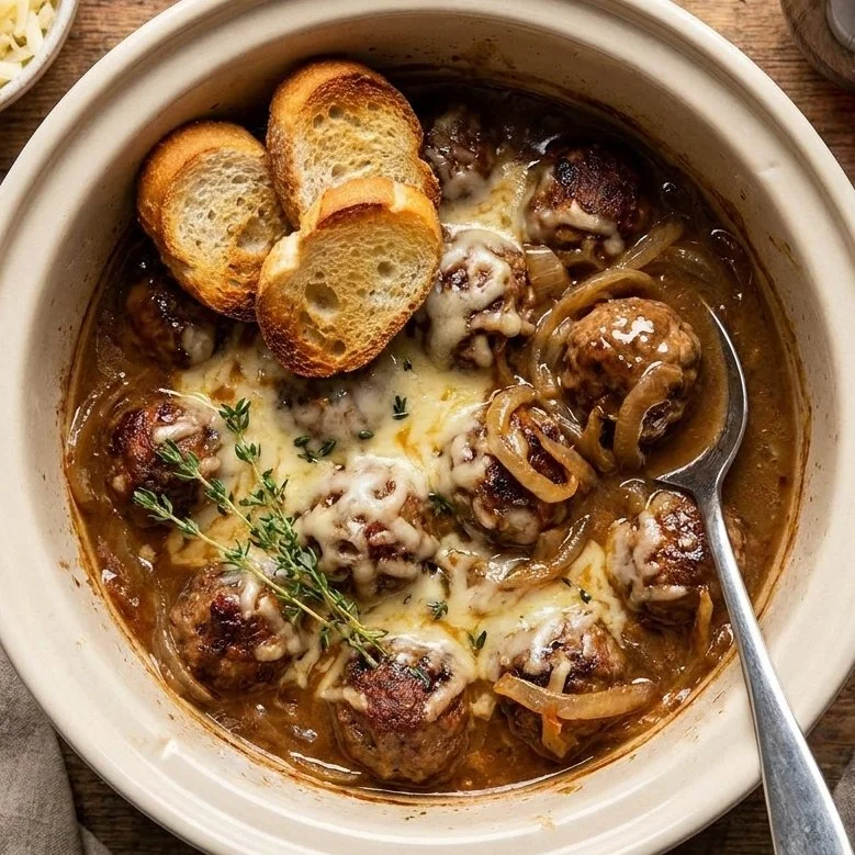 Delicious crock pot French onion beef meatballs served with melted cheese