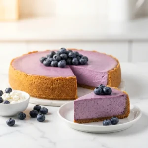 Blueberry cottage cheese cheesecake with a lavender filling, graham cracker crust and fresh blueberries, one slice on a white plate next to a bowl of cottage cheese