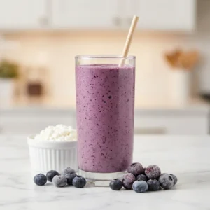 Blueberry cottage cheese protein smoothie in a tall glass with fresh and frozen blueberries and a bowl of cottage cheese