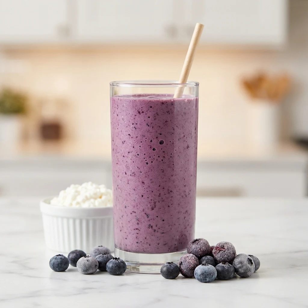Blueberry Cottage Cheese Protein Smoothie in a glass