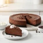 Chocolate cottage cheese cheesecake with a dark chocolate graham crust and chocolate shavings, one slice with whipped cream on a white plate next to a bowl of cottage cheese