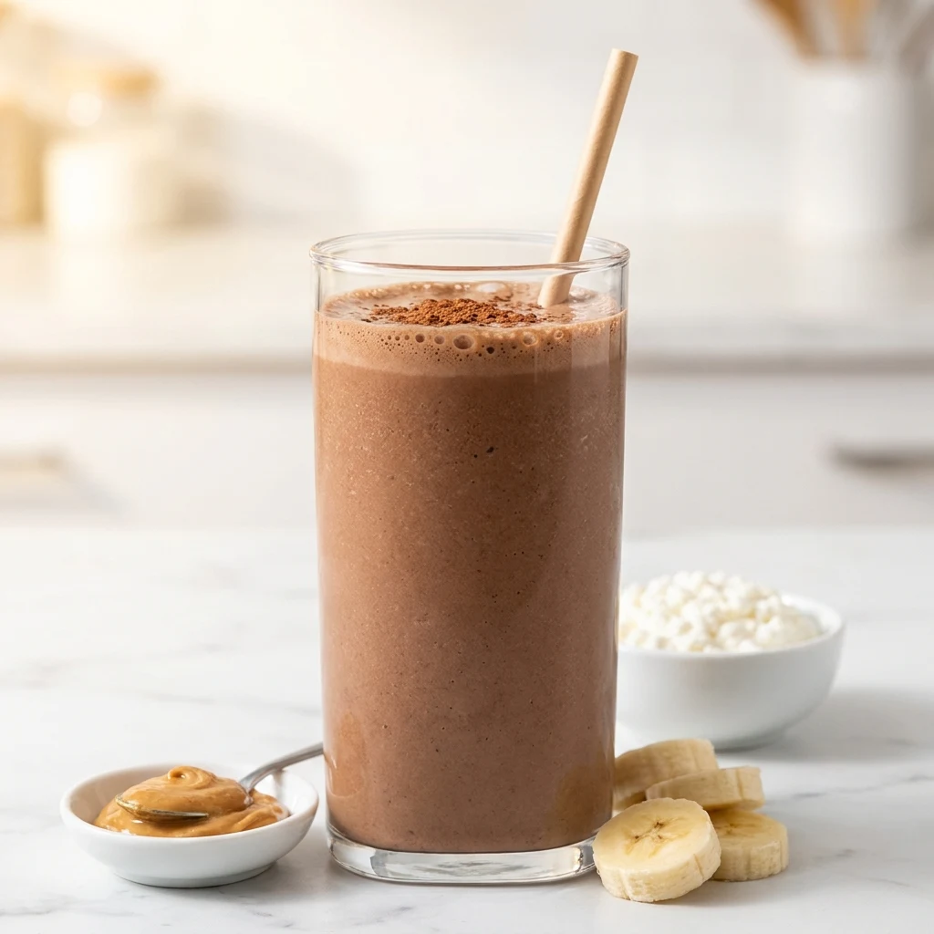 Chocolate Peanut Butter Cottage Cheese Shake in a glass