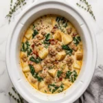Bowl of cozy Slow Cooker Zuppa Toscana, an easy Italian soup with sausage and kale.