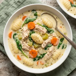Creamy Crockpot Chicken Gnocchi Soup in a bowl with fresh herbs