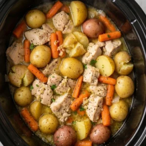Delicious Crockpot Chicken and Potatoes dish served on a plate.