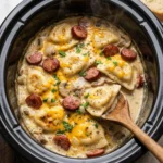 Plate of Crockpot Pierogi Casserole with Kielbasa topped with cheese.