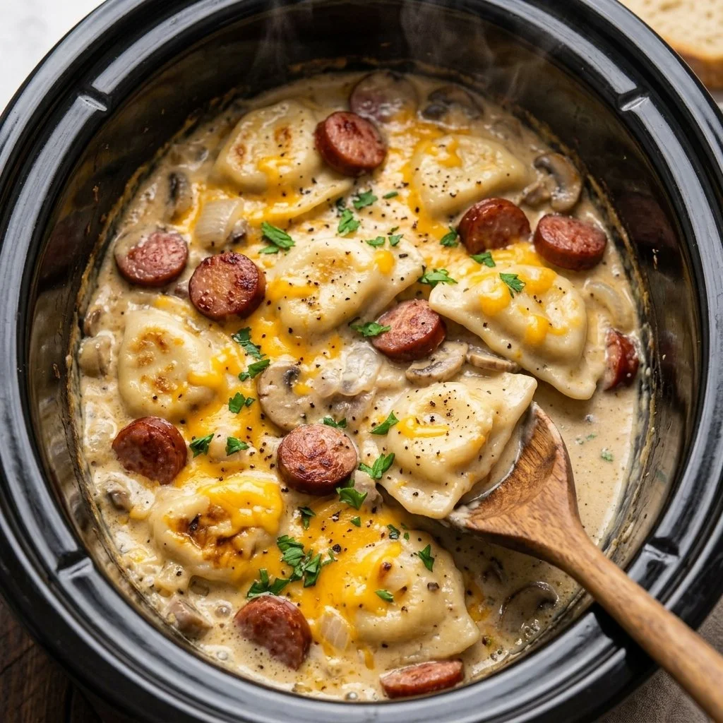 Plate of Crockpot Pierogi Casserole with Kielbasa topped with cheese.