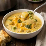 Crockpot potato broccoli cheddar soup in a bowl garnished with fresh herbs