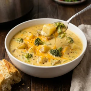 Crockpot potato broccoli cheddar soup in a bowl garnished with fresh herbs