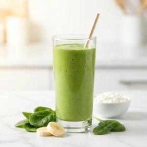 Green spinach banana cottage cheese smoothie in a tall glass with fresh spinach and banana slices