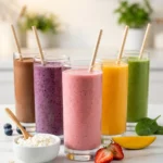 Healthy cottage cheese drinks: five colorful smoothies in tall glasses (chocolate, blueberry, strawberry, mango and spinach) next to a small bowl of cottage cheese.