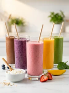 Healthy cottage cheese drinks: five colorful smoothies in tall glasses (chocolate, blueberry, strawberry, mango and spinach) next to a small bowl of cottage cheese.