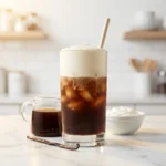 Iced vanilla cottage cheese latte in a tall glass with creamy foam over cold coffee and ice, next to a bowl of cottage cheese