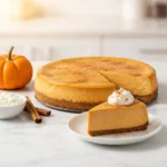 Whole pumpkin cottage cheese cheesecake with one slice topped with whipped cream and cinnamon, next to a bowl of cottage cheese, a small pumpkin and cinnamon sticks