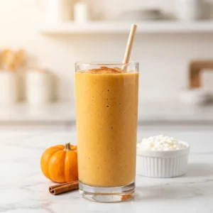 Pumpkin pie cottage cheese smoothie in a tall glass dusted with cinnamon, with a small pumpkin and a cinnamon stick