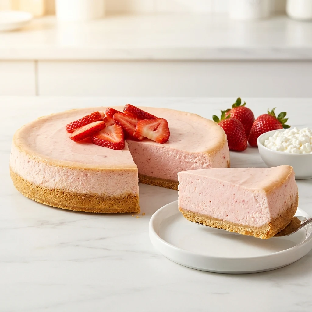 Whole strawberry cottage cheese cheesecake topped with fresh sliced strawberries, with one slice on a white plate, next to a bowl of cottage cheese and whole strawberries