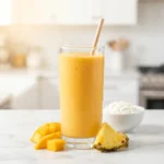 Tropical mango pineapple cottage cheese smoothie in a tall glass with mango chunks and a pineapple wedge